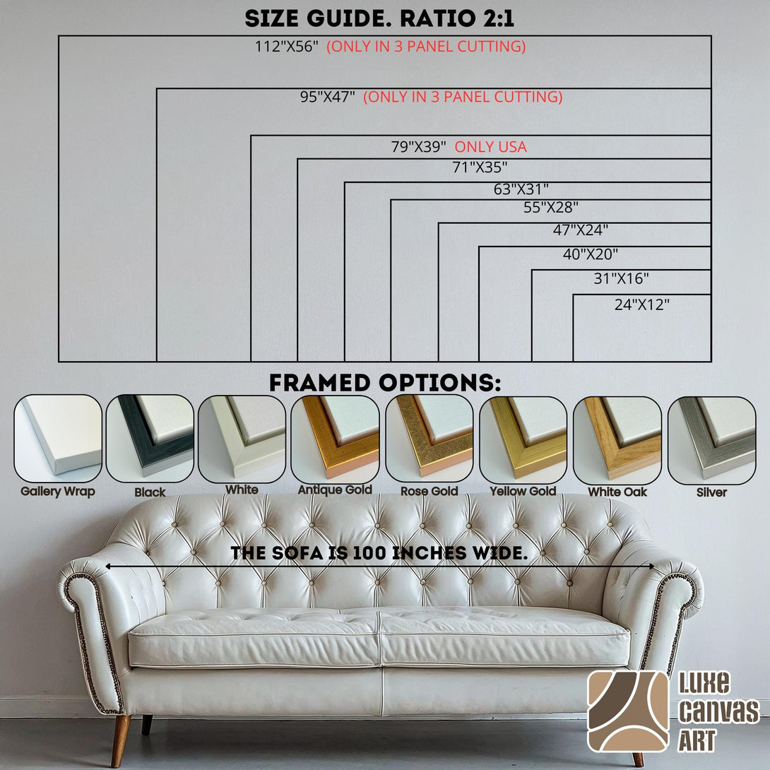 Canvas print size guide with panoramic format 2:1 ratio, displaying various sizes in inches and framed options: Gallery Wrap, Black, White, Antique Gold, Rose Gold, Yellow Gold, White Oak, Silver