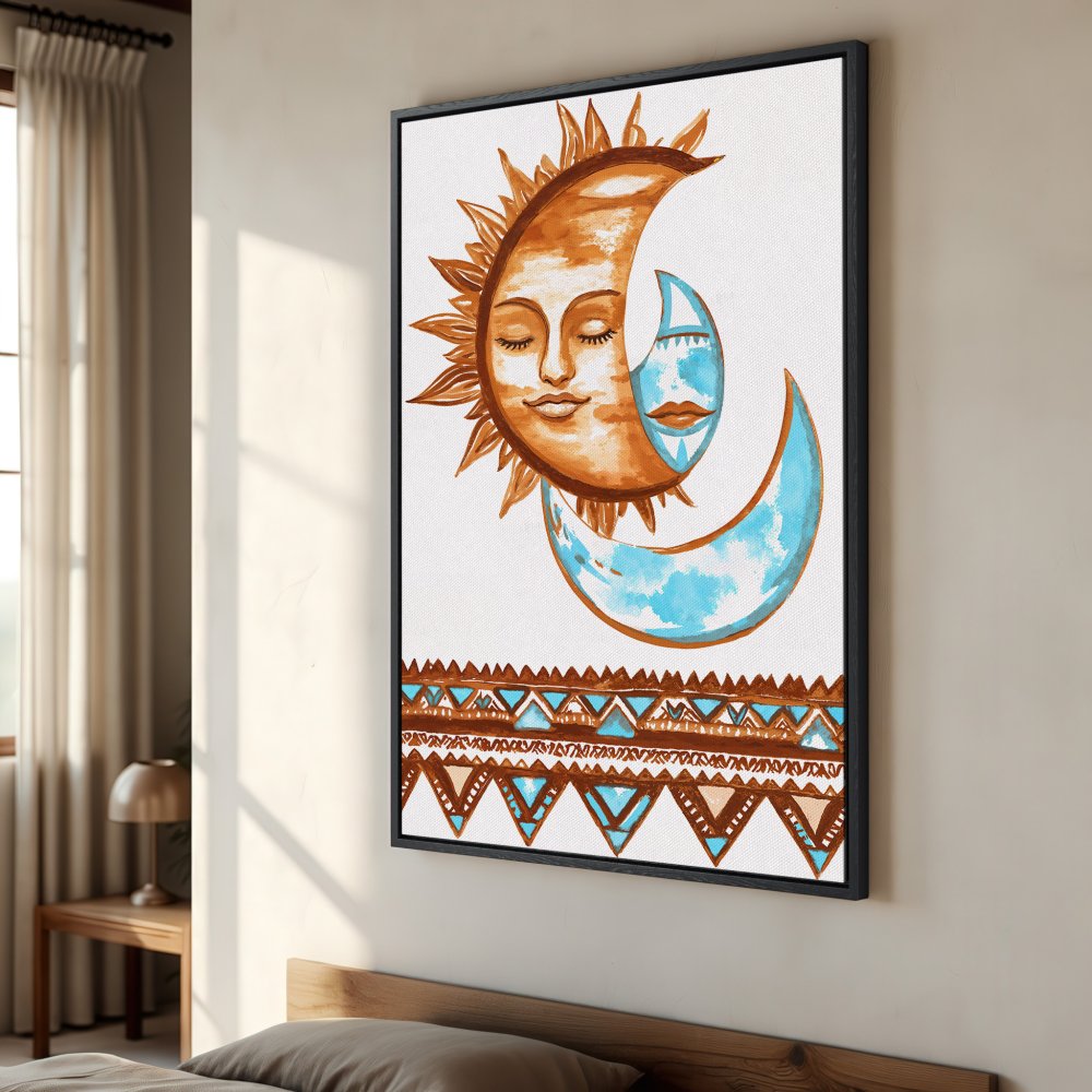 Framed Wall Art: Watercolor sun and moon art print in boho style, featuring a warm brown and blue color palette, perfect for bedroom decor.