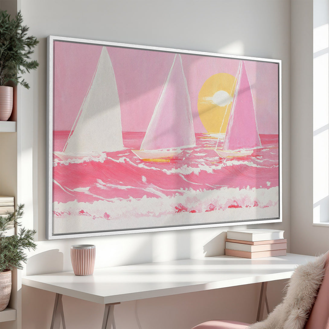 Framed Wall Art: Pink sailboat painting in a modern style. Coastal art with a pink, white, and yellow color palette. Perfect for adding a pop of color.