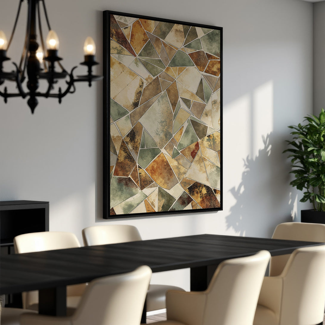 Framed Wall Art featuring abstract geometric design in earthy tones. Adds modern style to any dining room. Shop our Canvas Print collection today!