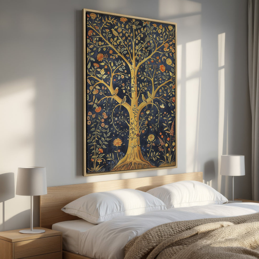 Framed Wall Art featuring a golden tree with birds and flowers against a dark blue background. A beautiful, vintage-inspired canvas print in a bedroom setting.