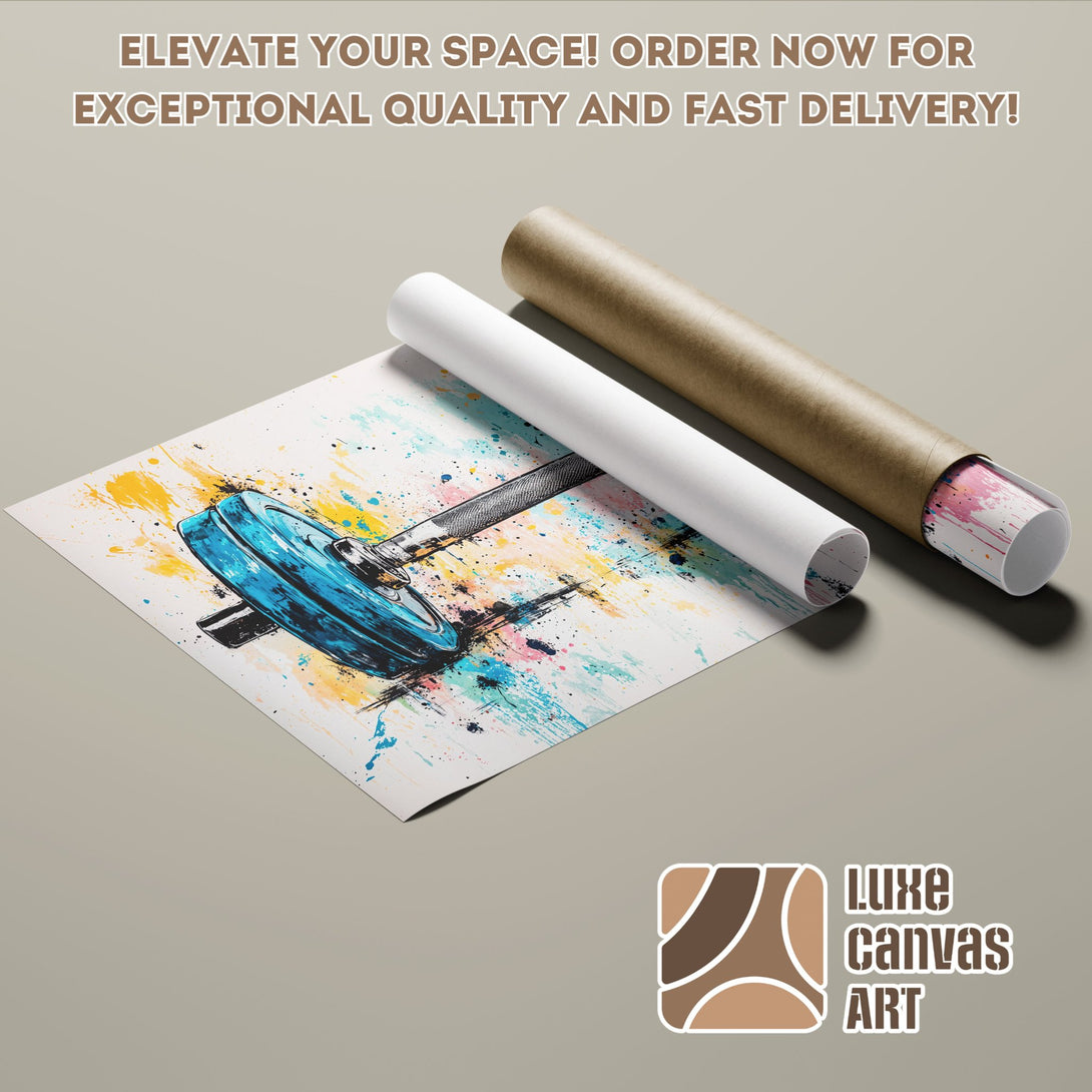 Abstract barbell poster roll with blue, teal, and colorful paint splatters. Elevate your space with our stunning Poster!