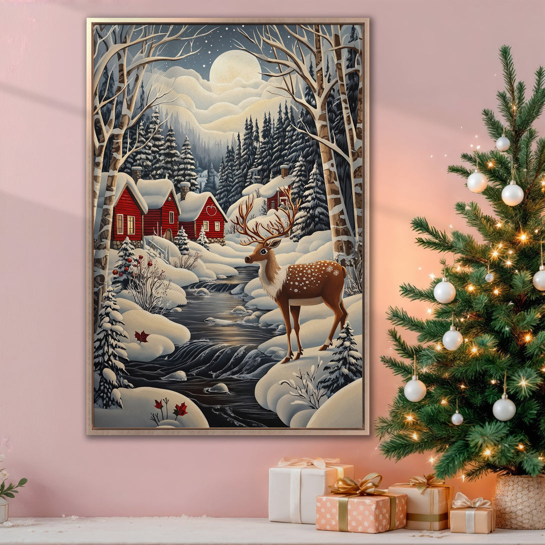 Framed Wall Art: Winter scene Canvas Print with deer, red cabins, and snowy landscape. Cozy art with a cool, muted color palette for holiday decor.