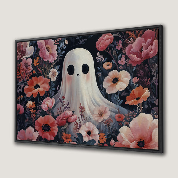 Framed Wall Art: Whimsical ghost surrounded by floral blooms in a dark color palette. Perfect for adding a touch of spooky charm to your home decor.