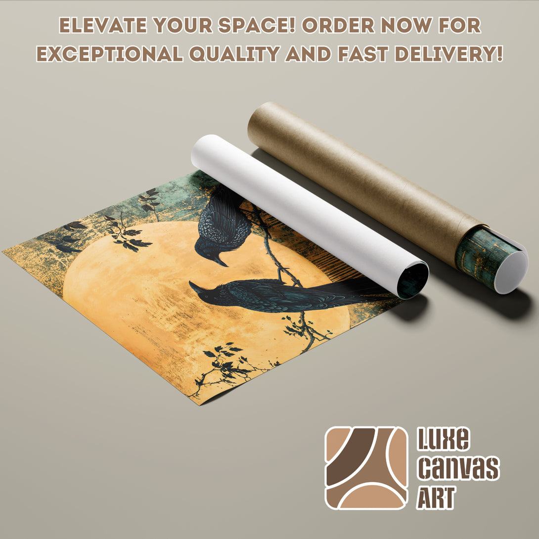 Poster Roll featuring a crow and moon art print in a vintage style with a warm color palette. Elevate your space with Luxe Canvas Art!