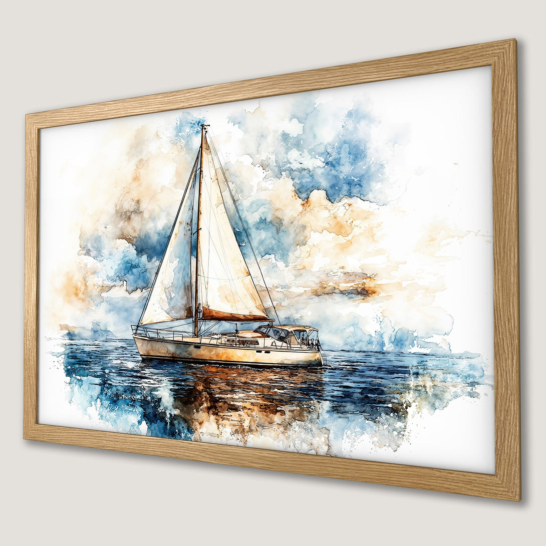 Framed Poster of a watercolor sailboat on the sea, featuring a blue, beige, and white color palette. Coastal art for your home.