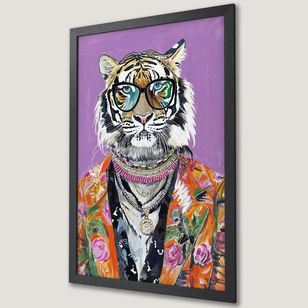 Framed Poster featuring a stylish tiger wearing glasses, vibrant floral jacket, and jewelry. Pop art style with a colorful palette.