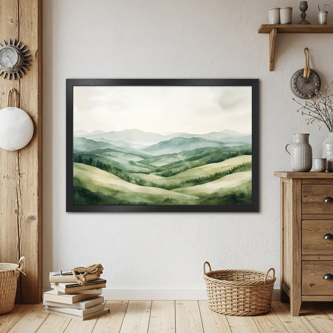 Framed Poster of serene watercolor landscape art. Green and blue hills with a soft, calming color palette. Perfect wall decor.