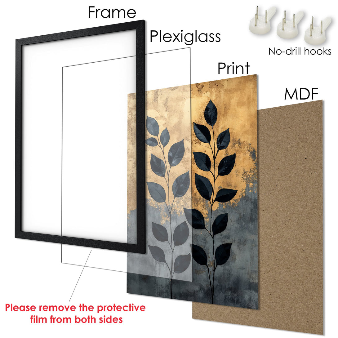 Framed Poster featuring abstract botanical art in a modern style with a gold, gray, and black color palette. Perfect wall art!