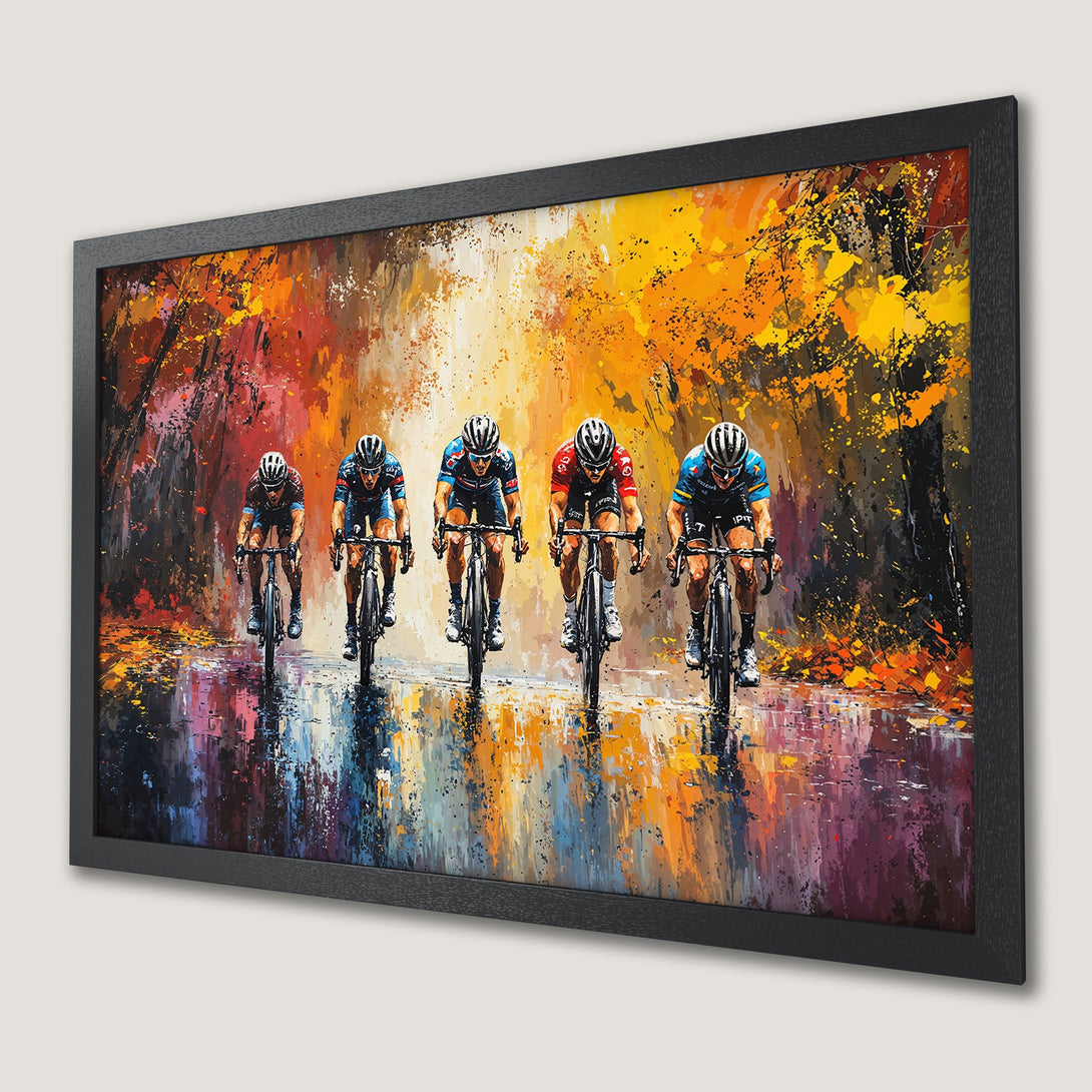 Framed Poster of cyclists racing in autumn, impressionist style with vibrant orange, yellow, and blue hues. Perfect for sports fans!
