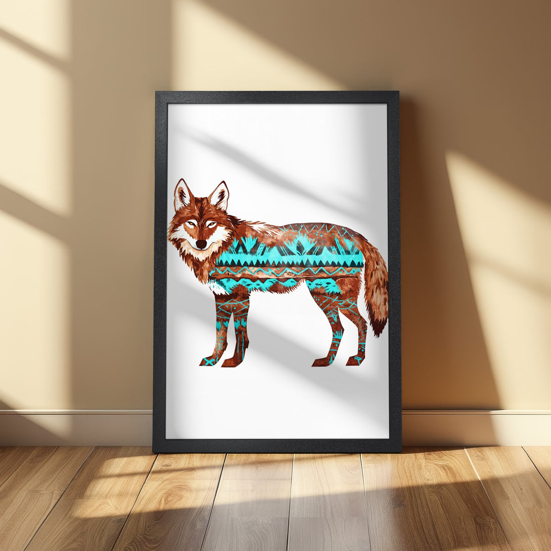Framed Poster featuring a stylized wolf with tribal patterns. Earthy brown & teal color palette, perfect for rustic decor. Add this art poster to your cart!