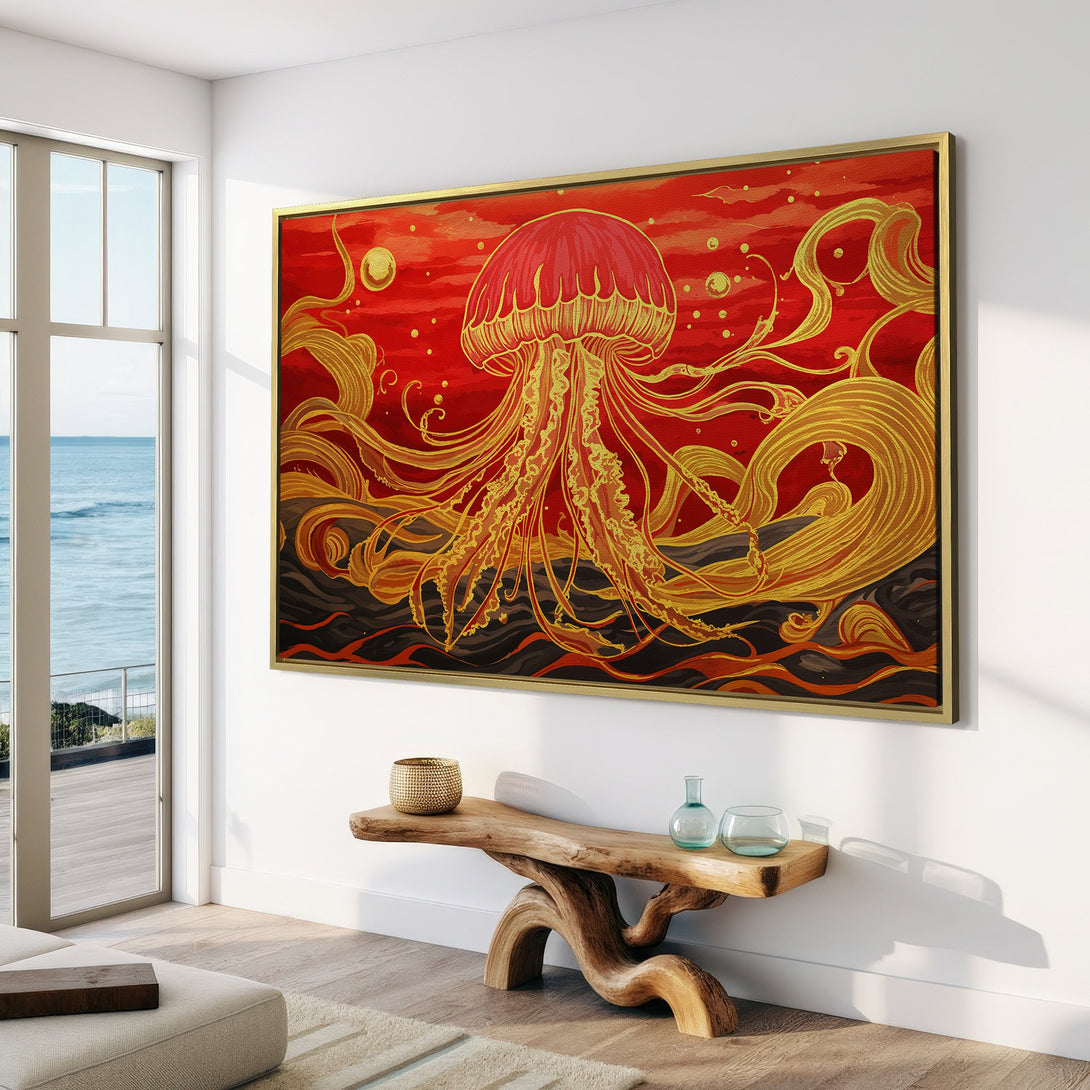 Canvas Print featuring a vibrant jellyfish illustration in a red and gold color palette. Adds a touch of modern art to any space.