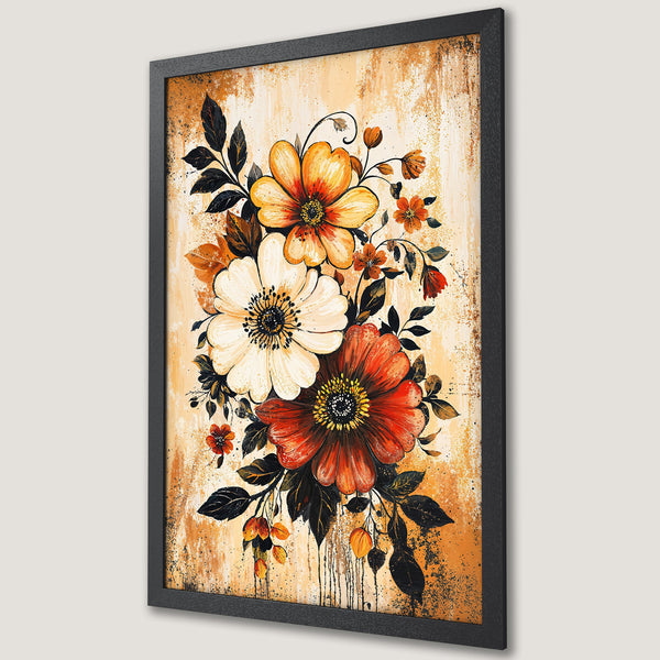 Framed Poster featuring vibrant floral art in warm orange, yellow, and red tones. Perfect wall decor!