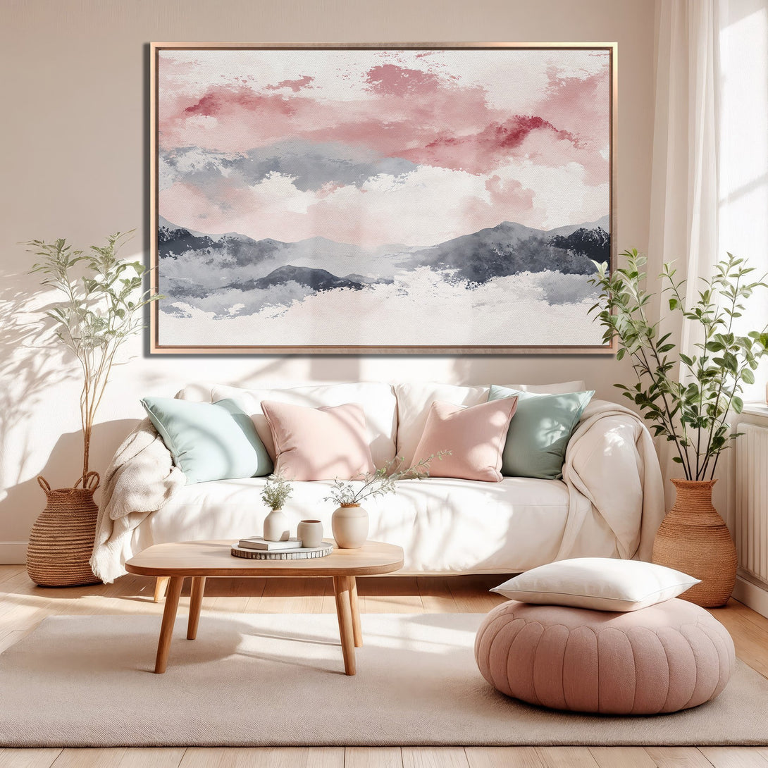 Framed Wall Art: Abstract landscape in blush pink, gray, and white. Modern art canvas print adds a touch of serenity to any living room.