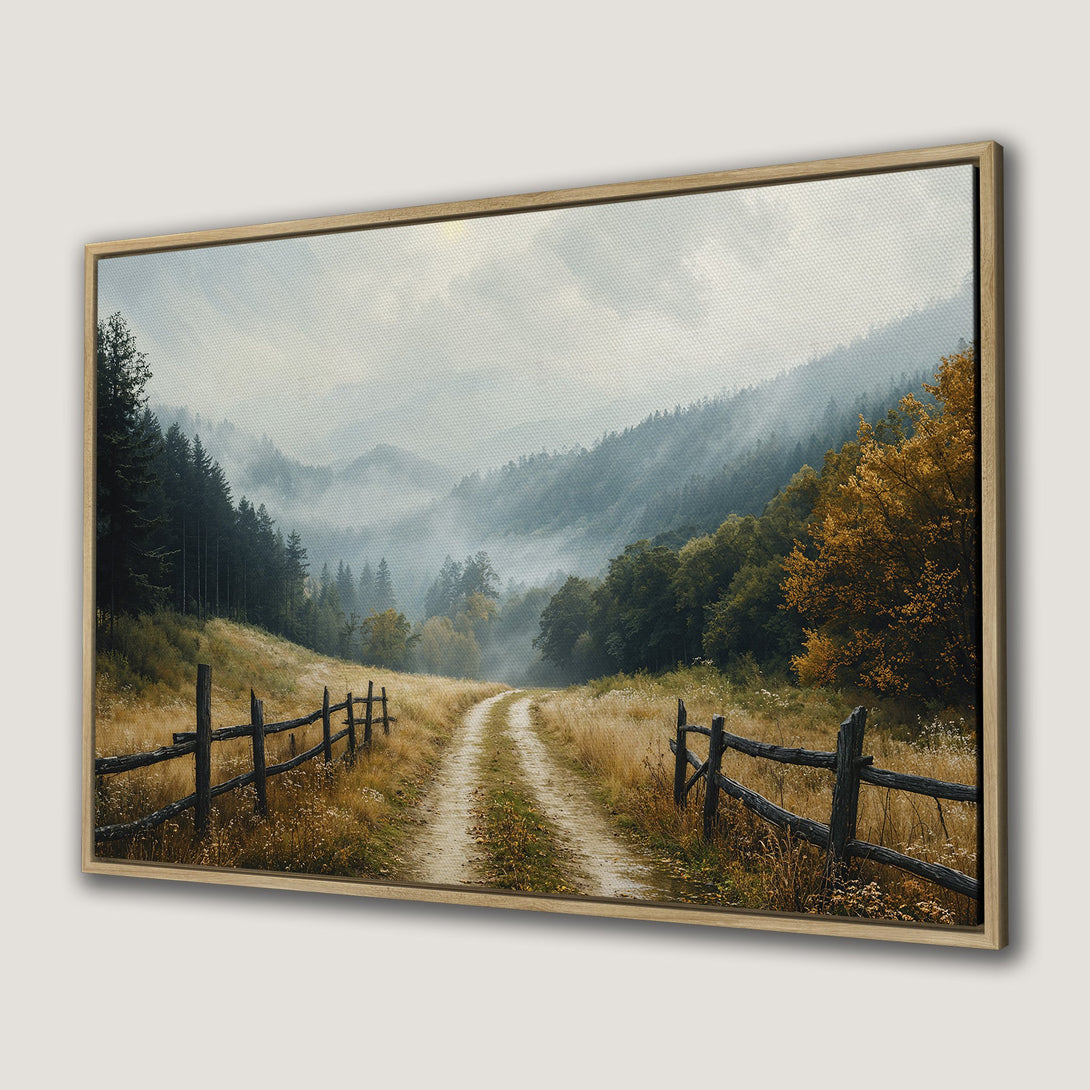 Canvas Print of a misty mountain landscape with a dirt road, rustic style, featuring a warm, earthy color palette.