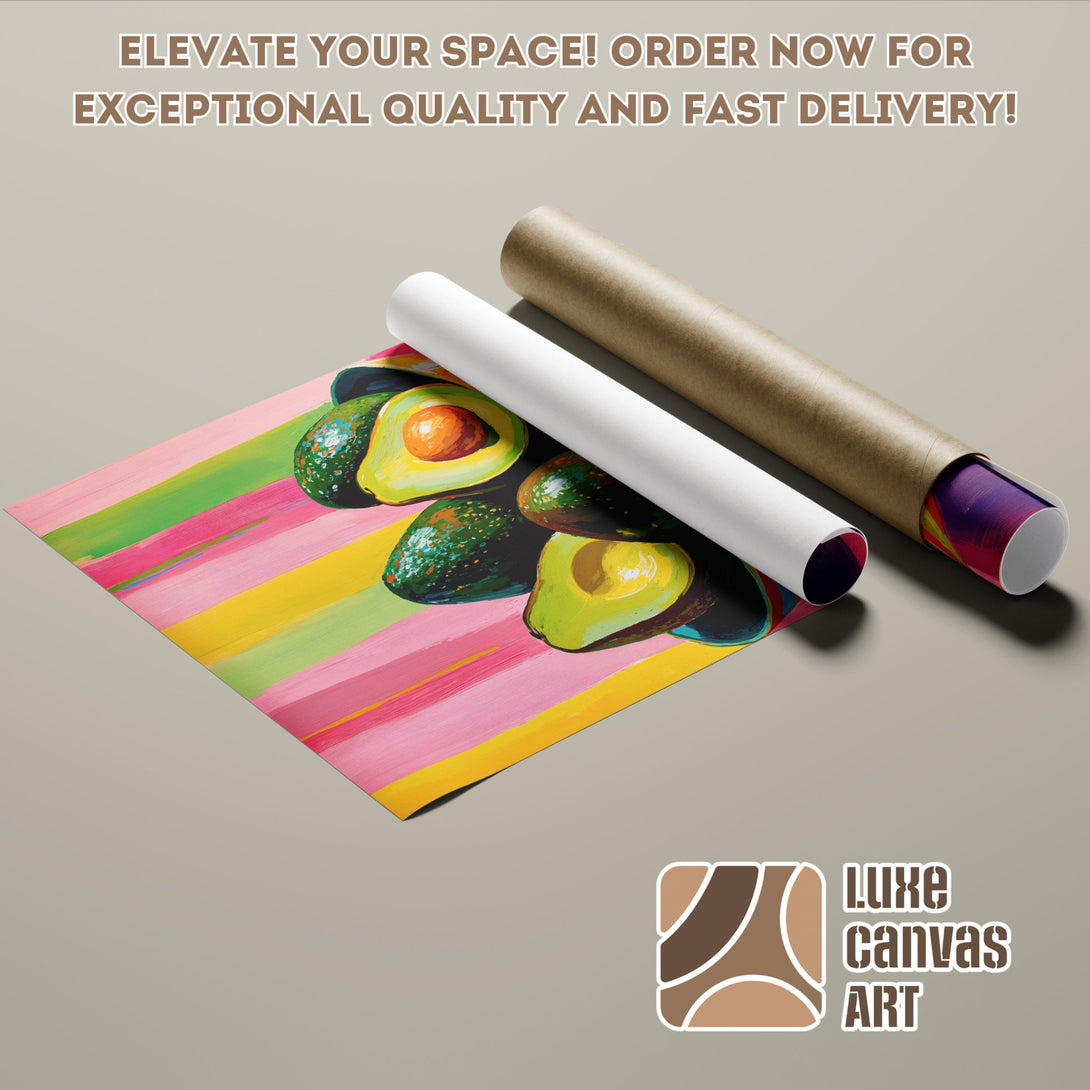 Poster Roll featuring avocado art, colorful stripes, and vibrant palette. Elevate your space!