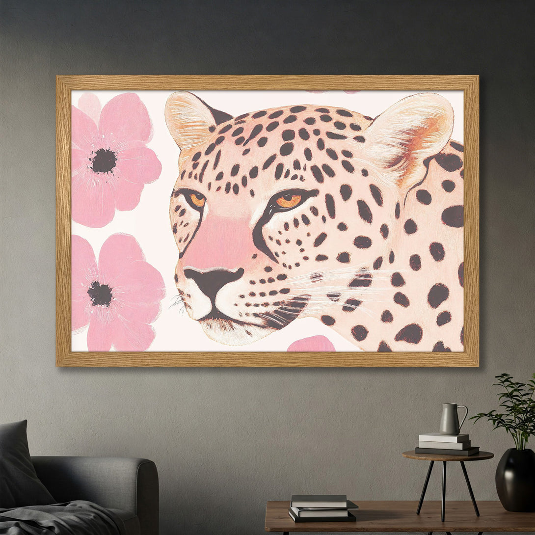 Framed Poster featuring a leopard with pink flowers, in a soft, watercolor style with a blush and neutral color palette.