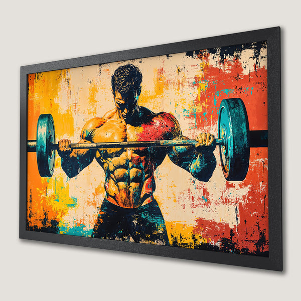 Framed Poster of a bodybuilder lifting weights. Abstract art style, vibrant orange, yellow, and teal color palette. Perfect gym decor!