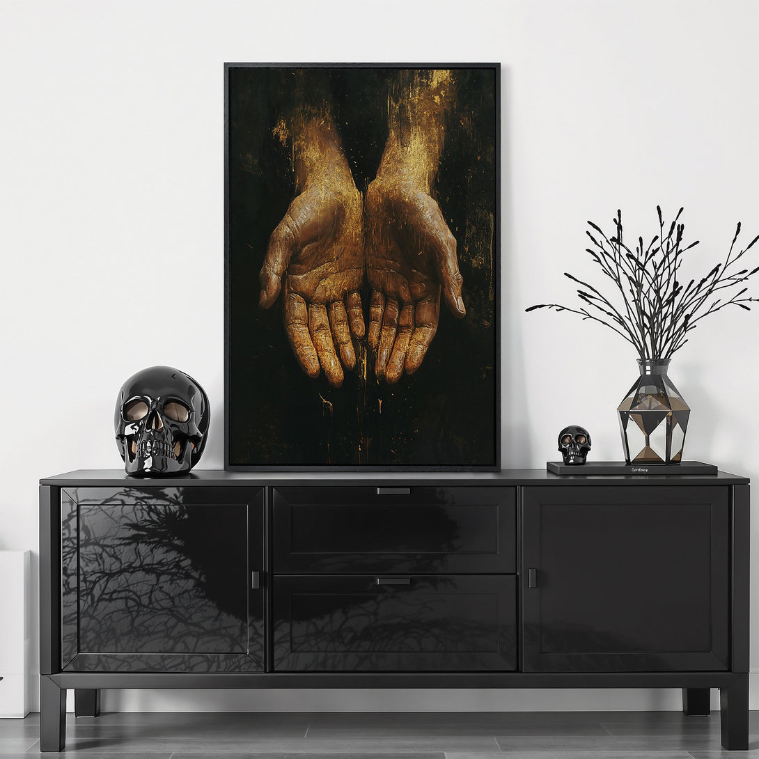 Framed Wall Art featuring hands in a dark, dramatic style with a warm gold and black color palette. Elevate your space with this stunning Canvas Print!