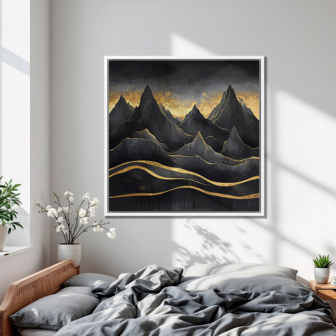 Framed Wall Art featuring abstract mountain landscape in black, gold, and grey. Modern art print perfect for bedroom decor.