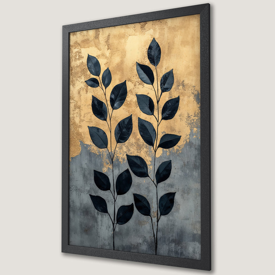 Framed Poster featuring botanical art with dark leaves on a textured gold and grey background. Modern, elegant wall decor.