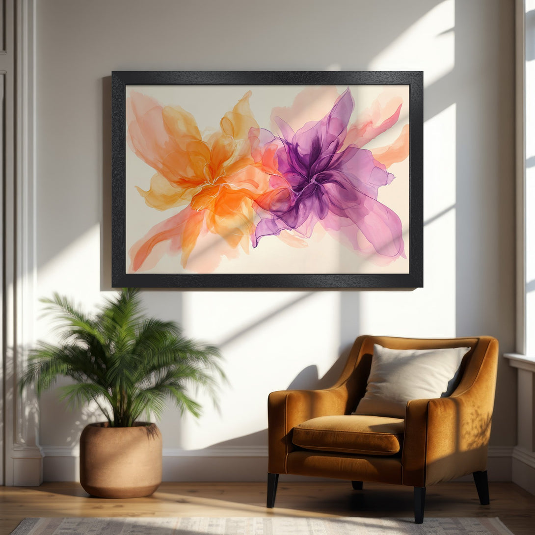 Framed Poster featuring abstract floral art in orange and purple hues, perfect for modern home decor.