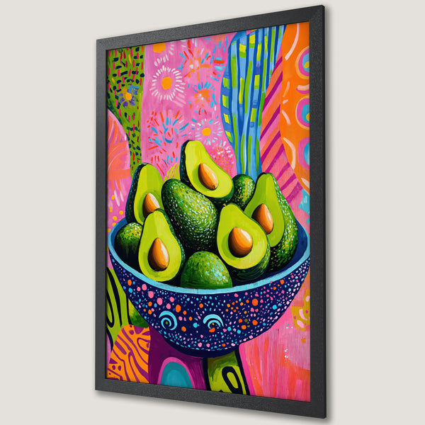 Framed Poster of vibrant avocado bowl art. Bold, colorful abstract style with pink, green, and blue palette. Perfect kitchen decor!