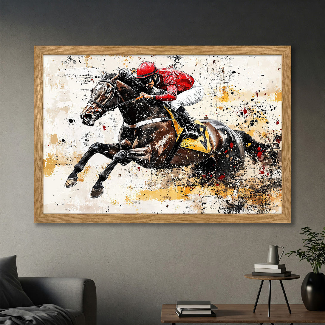 Framed Poster of a racehorse and jockey in action, abstract style with red, black, and gold color palette. Perfect equestrian decor!