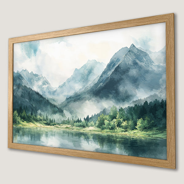Framed Poster featuring a serene mountain landscape in watercolor style, with a cool blue and green color palette.