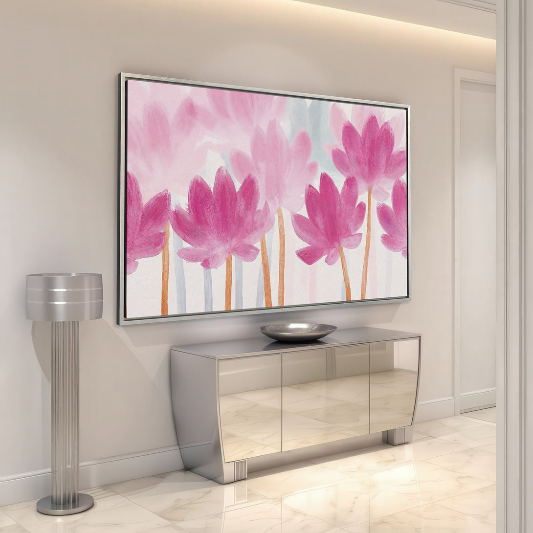 Framed Wall Art featuring pink floral watercolor art. Modern style, adds a pop of color to any interior. Perfect for living rooms & bedrooms.