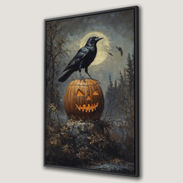 Framed Wall Art: Spooky Halloween scene with raven on pumpkin, full moon, and dark forest. Moody, painterly style in a palette of blacks, oranges, and blues.