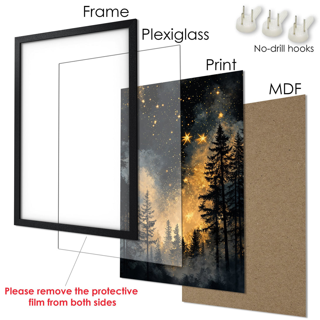 Framed Poster featuring a dreamy forest scene with a gold and gray color palette. Perfect wall art!