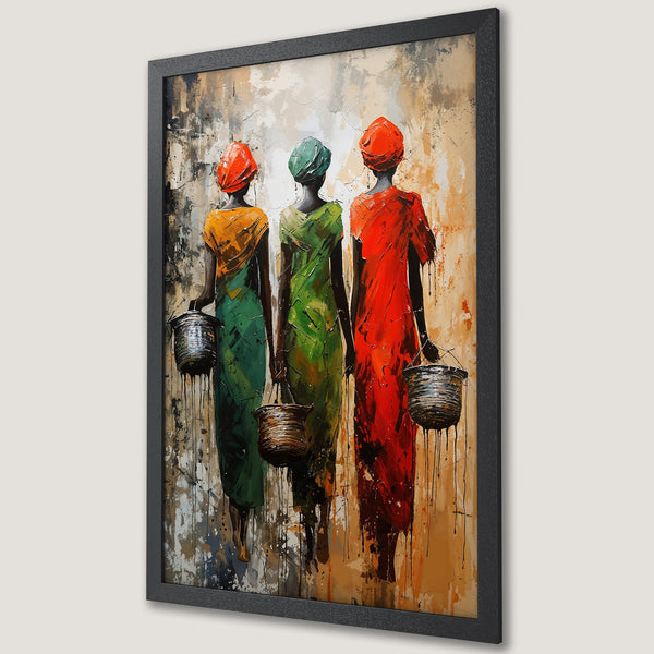 Framed Poster of African women with vibrant colors. Abstract art style, warm color palette. Perfect wall decor.