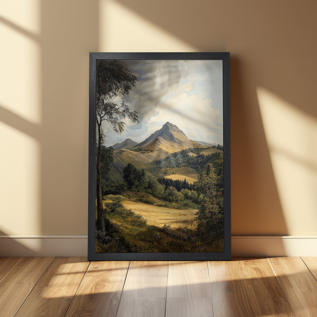 Framed Poster of a mountain landscape painting in a classic style with a warm, earthy color palette. Add art to your home!