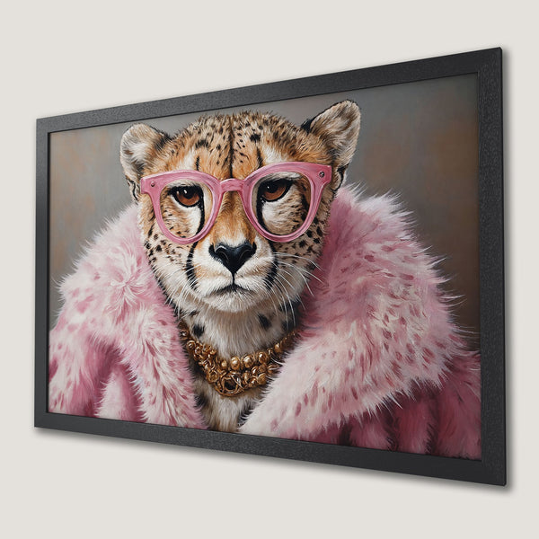 Framed Poster of a stylish cheetah in pink glasses & fur. Pop art style with a pink, gold, and neutral color palette.