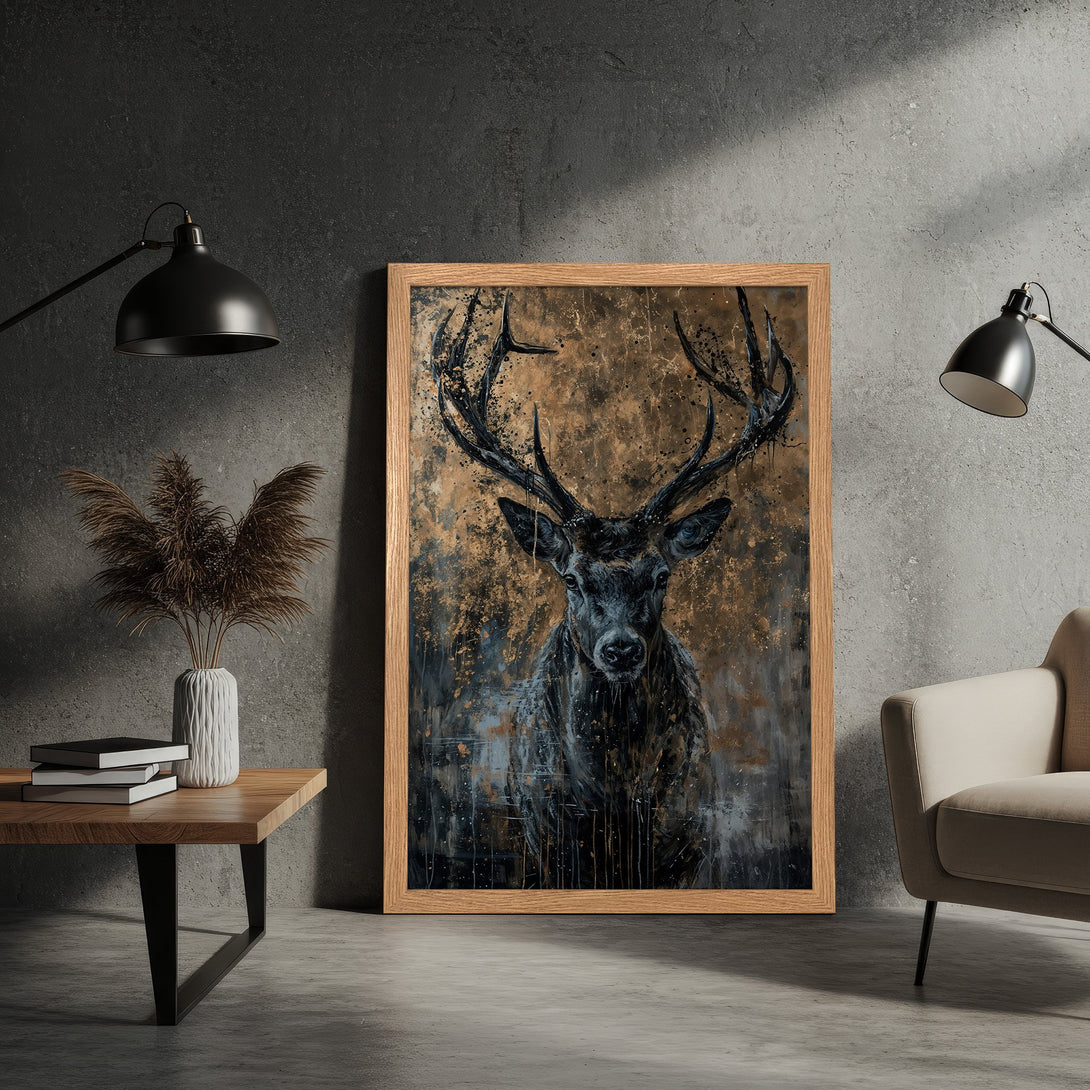 Framed Poster featuring a majestic stag art print in a dark, moody style with gold and black tones. Perfect for modern home decor.