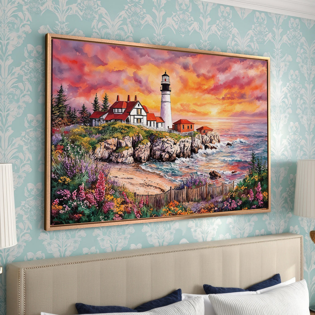 Framed Wall Art: Lighthouse painting with vibrant sunset colors. Coastal landscape art in a warm, inviting style. Perfect for bedroom decor.