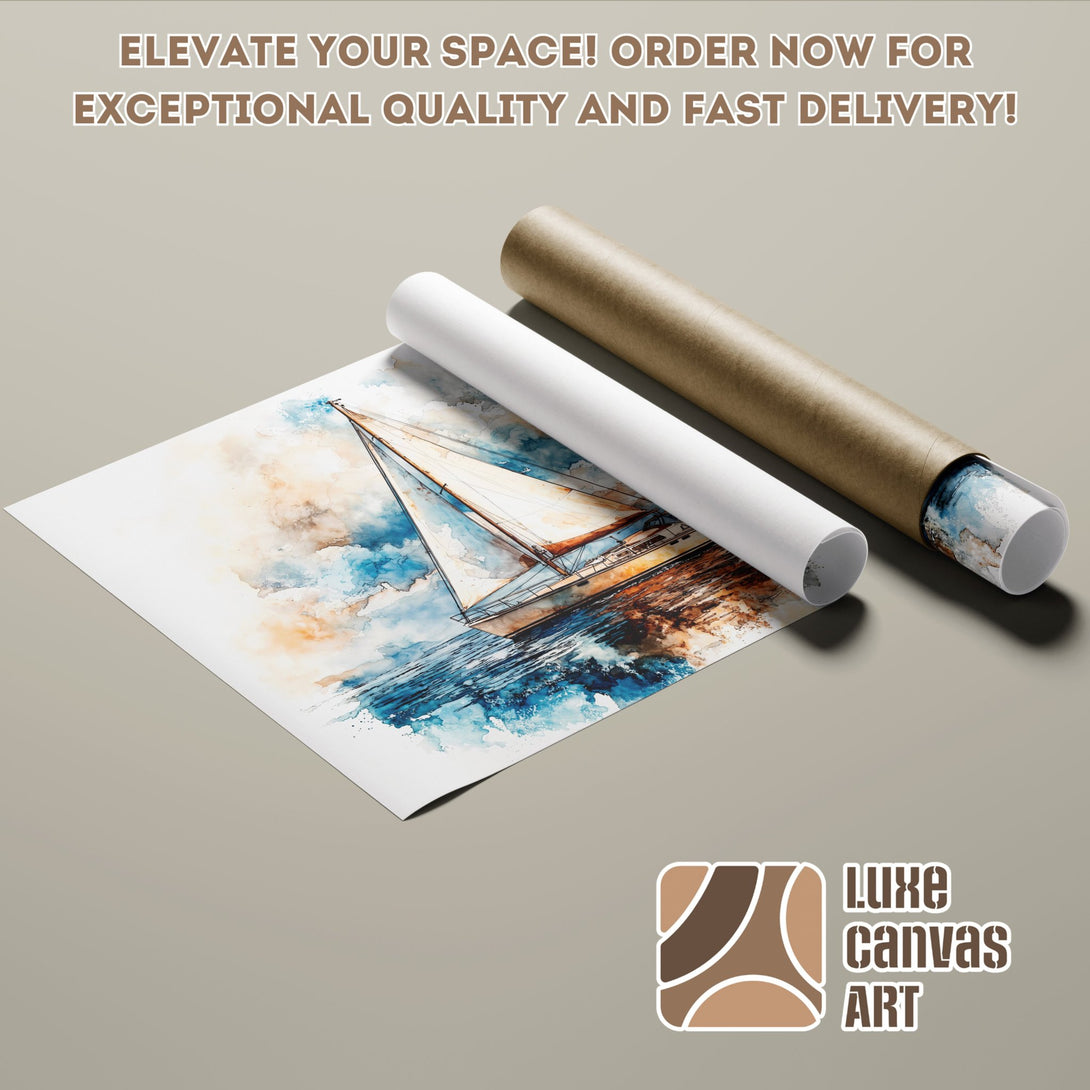 Watercolor Poster Roll of a sailboat in blue, gold, and brown tones. Elevate your space!