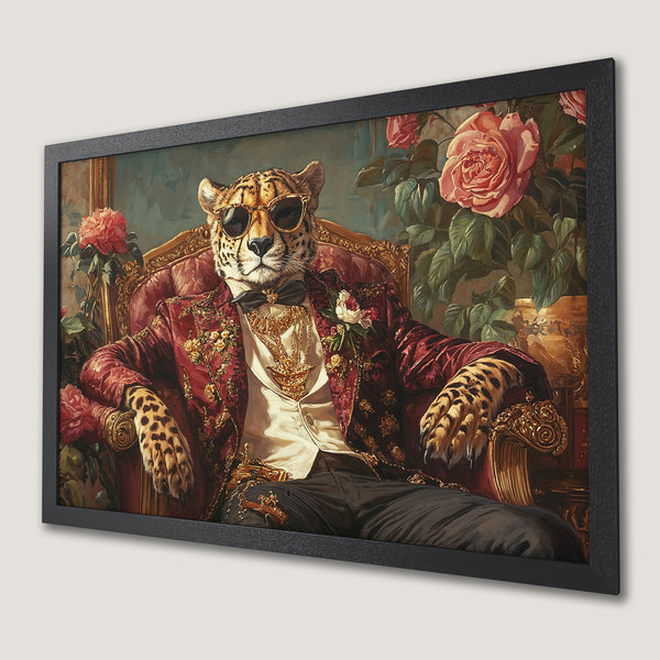 Framed Poster featuring a dapper cheetah in a red jacket, vintage style, rich color palette. Perfect wall art!