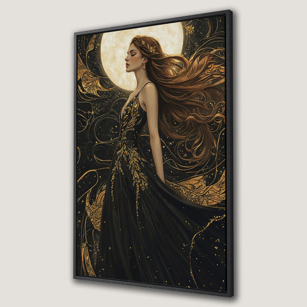 Framed Wall Art: Elegant woman in black gown with gold accents against a moonlit background. Dark, luxurious art with a gold and black color palette.