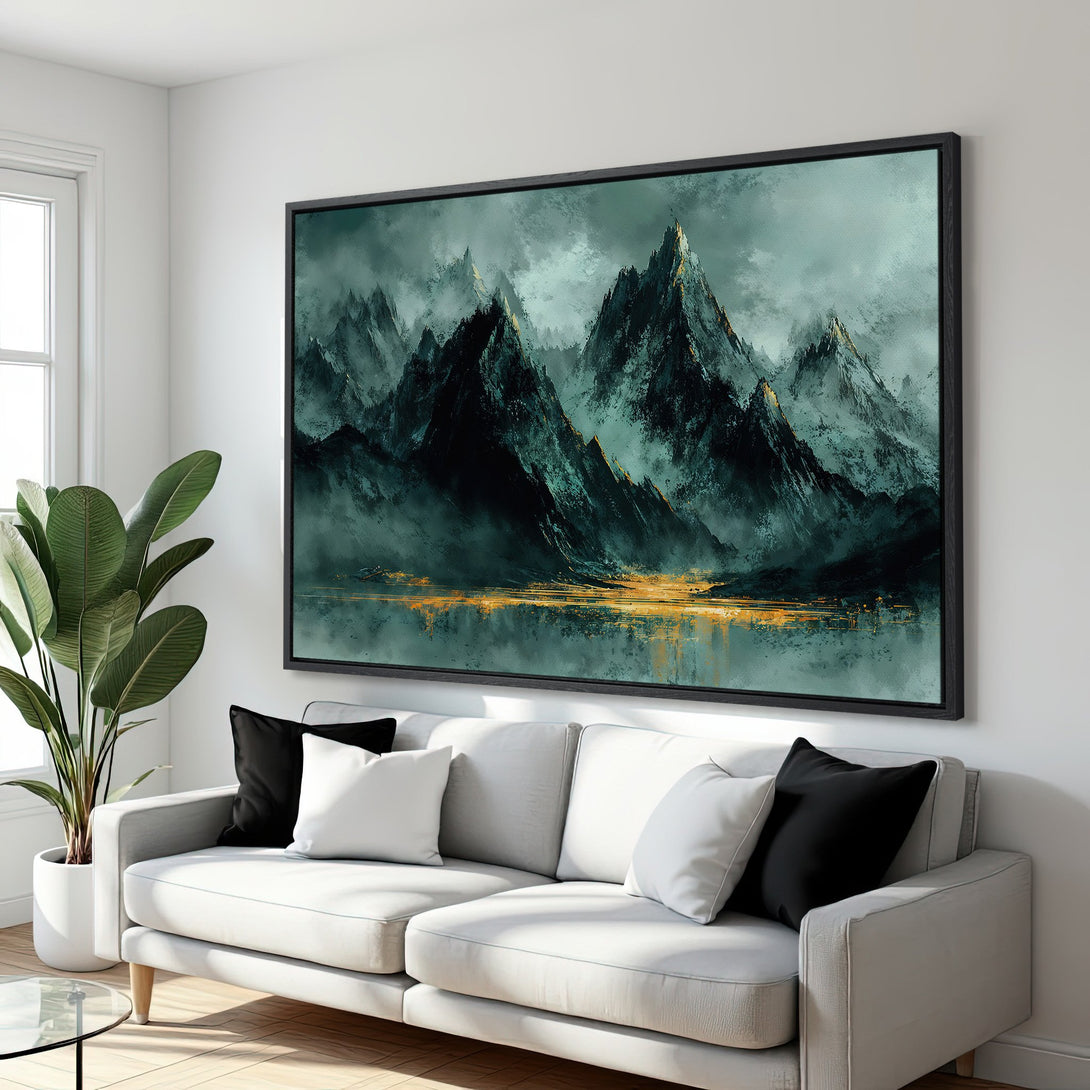 Framed Wall Art: Dramatic mountain landscape Canvas Print in teal and gold. Modern abstract art for your home.