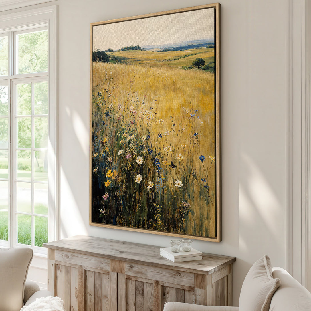 Framed Wall Art: Impressionist landscape painting with wildflowers, warm yellow & green tones. Perfect for adding a touch of nature to your home decor.