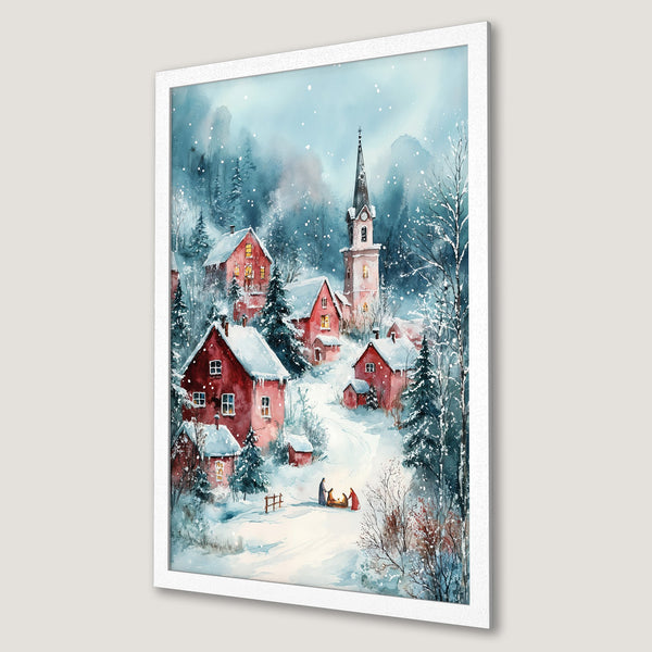 Framed Poster of a winter village watercolor painting. Features red houses, snowy landscape, and cool blue color palette. Perfect holiday decor.