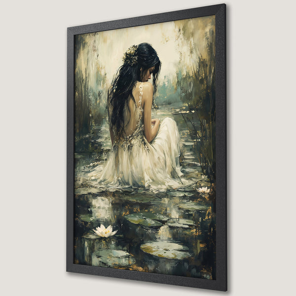Framed Poster: Serene woman in white dress on water, impressionist style, muted greens & gold. Perfect wall art for a tranquil space.