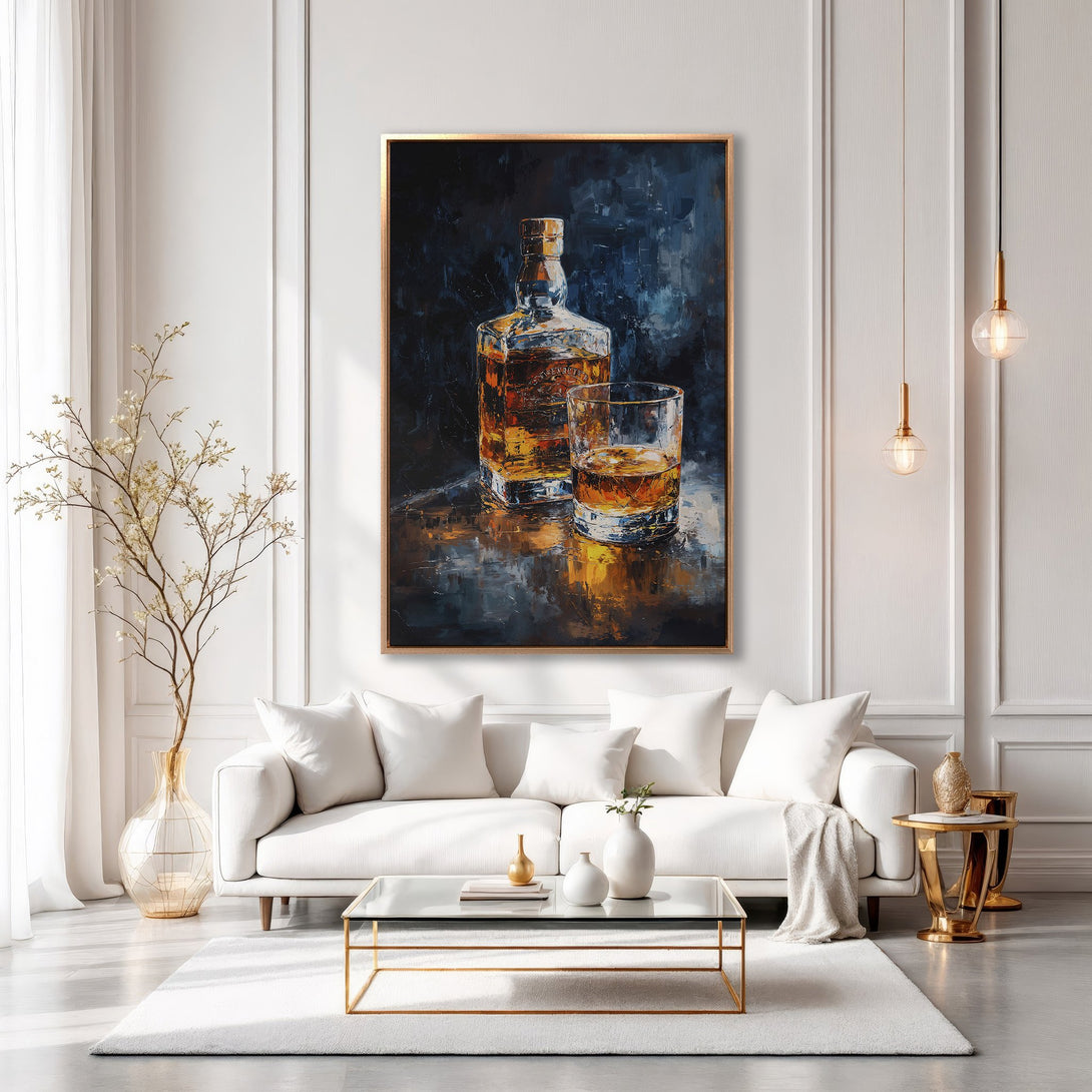 Framed Wall Art: Whiskey bottle and glass painting in a modern interior. Dark blue and gold color palette, perfect for adding a touch of sophistication.