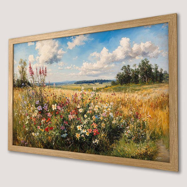 Framed Poster of a vibrant wildflower field painting. Warm, earthy tones with blue sky. Perfect wall art.