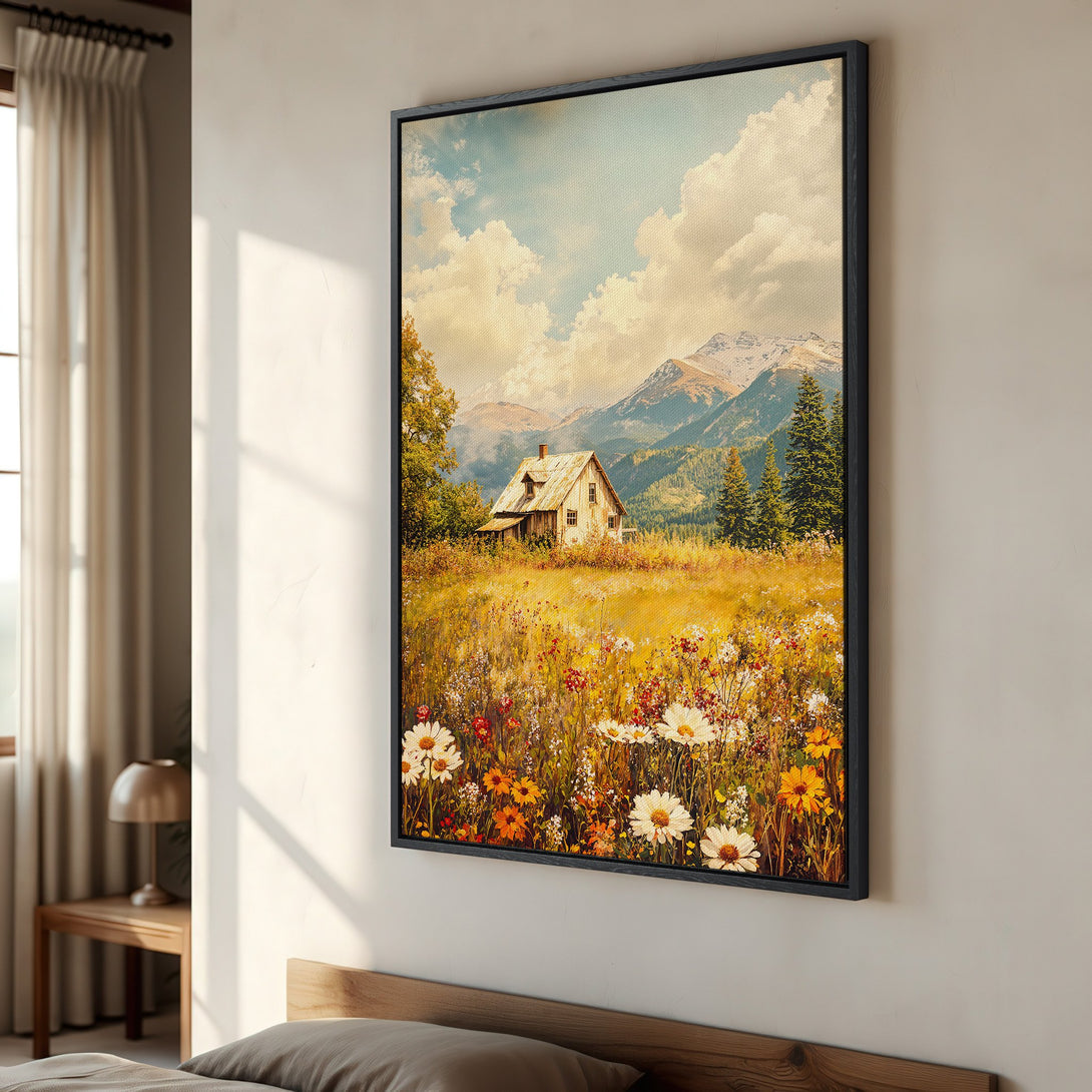 Framed Wall Art: Rustic cabin landscape in warm, earthy tones. Perfect for adding a touch of nature and cozy charm to your home decor.