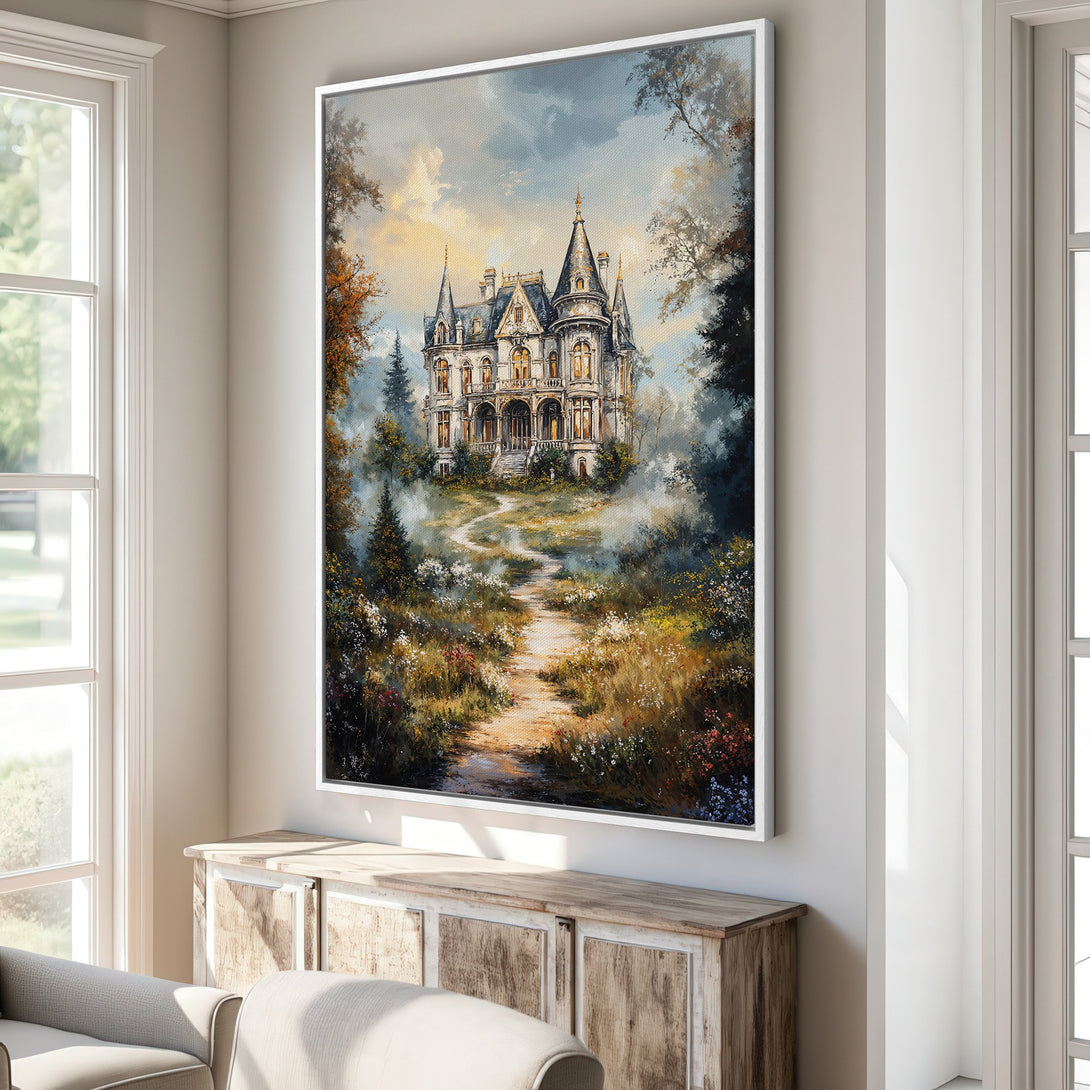 Framed Wall Art featuring a Victorian mansion painting in a classic style with a warm, earthy color palette, perfect for home decor.