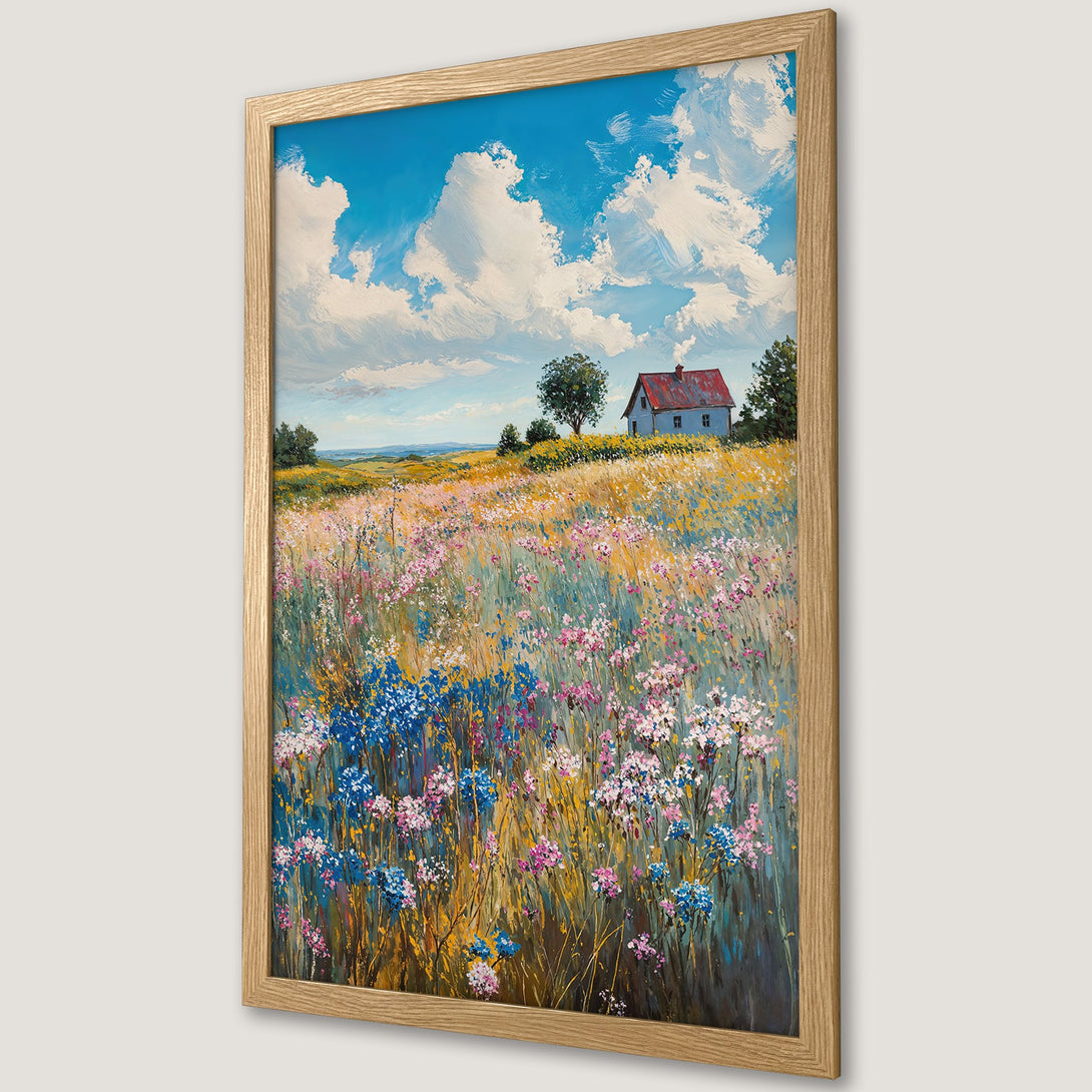 Framed Poster of a vibrant field painting with a house, featuring a blue sky and colorful wildflowers. A beautiful piece of art!