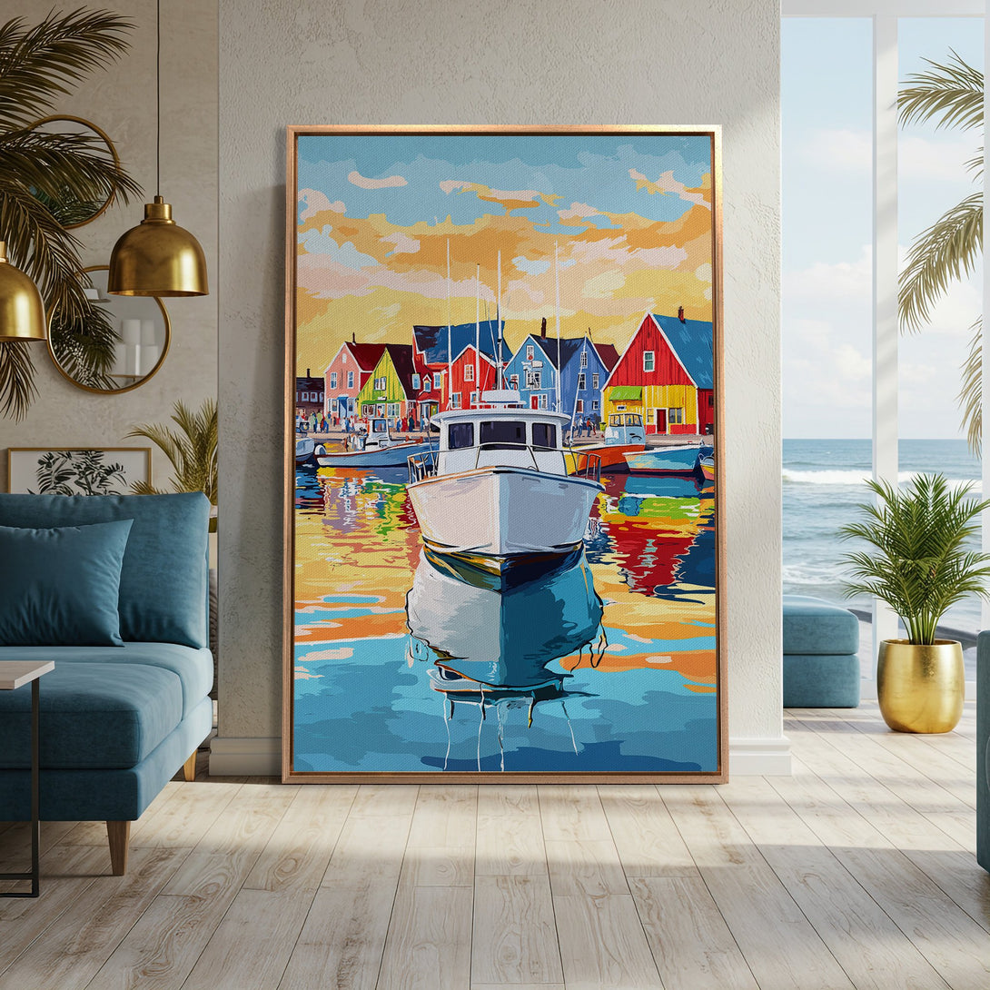 Framed Wall Art: Coastal boat scene Canvas Print in vibrant colors. Adds a pop of color & style to any room. Perfect for beach house decor!